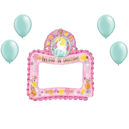 LOONBALLOON Unicorn Theme Balloon Set, 27in. Magical Unicorn Air-Fill Selfie Frame Balloon 96246